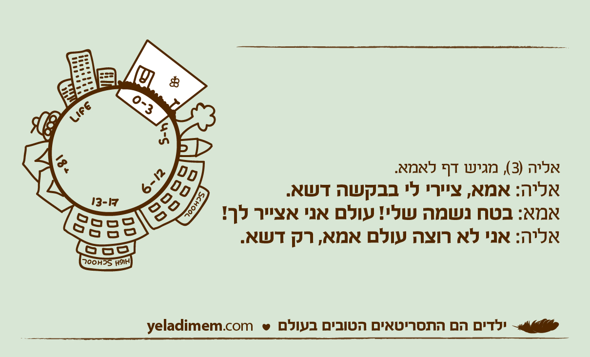 אליה (3), מגיש דף לאמא. אליה: אמא, ציירי לי בבקשה דשא. אמא: בטח נשמה שלי! עולם אני אצייר לך! אליה: אני לא רוצה עולם אמא, רק דשא.