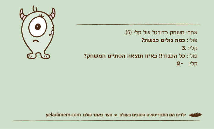 אחרי משחק כדורגל של קלי )6(.פולי: כמה גולים כבשת?קלי: 3.פולי: כל הכבוד!! באיזו תוצאה הסתיים המשחק?קלי: 2-1.