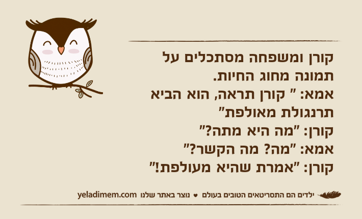 קורן ומשפחה מסתכלים על תמונה מחוג החיות.אמא: " קורן תראה, הוא הביא תרנגולת מאולפת"קורן: "מה היא מתה?"אמא: "מה? מה הקשר?"קורן: "אמרת שהיא מעולפת!"