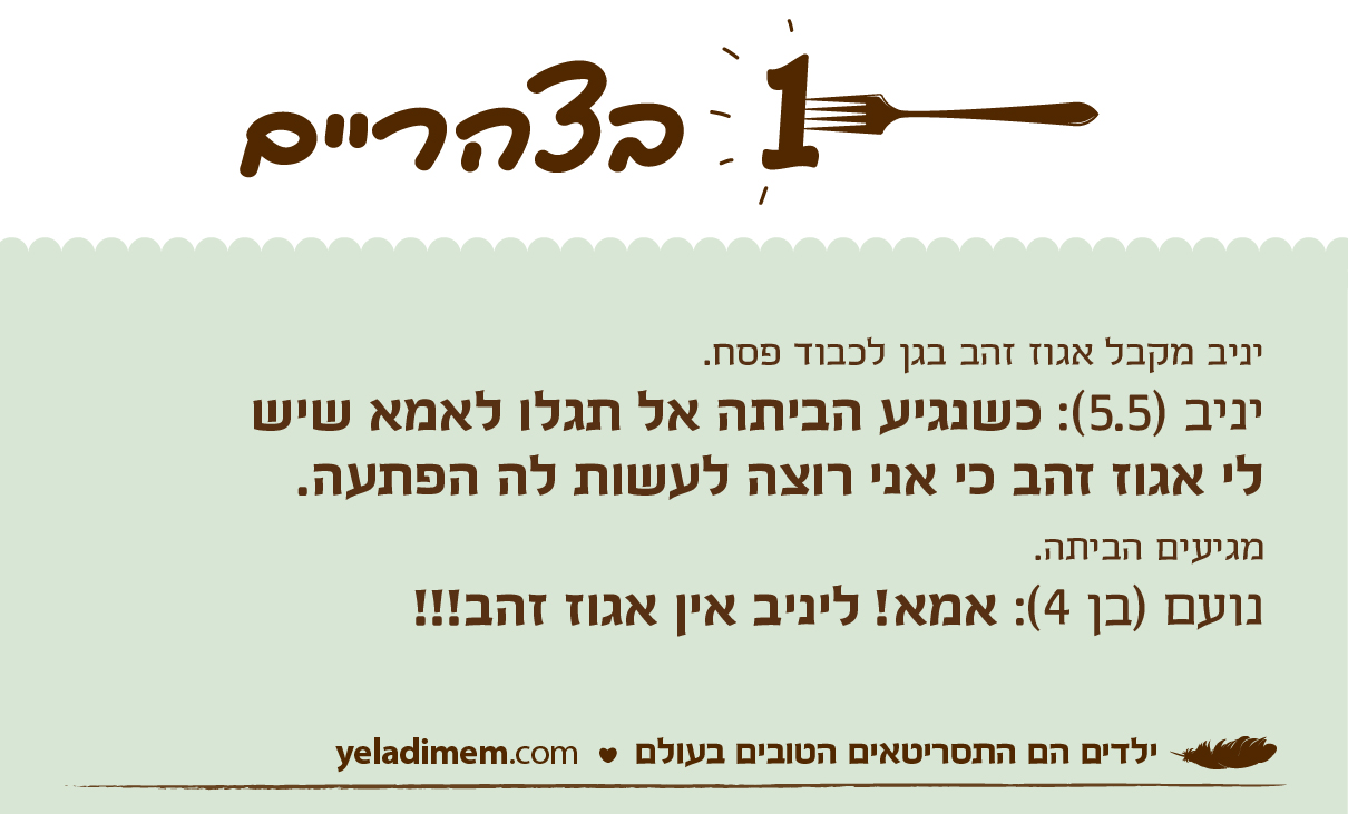 יניב מקבל אגוז זהב בגן לכבוד פסח.
יניב (5.5): כשנגיע הביתה אל תגלו לאמא שישלי אגוז זהב כי אני רוצה לעשות לה הפתעה. מגיעים הביתה.
נועם (בן 4): אמא! ליניב אין אגוז זהב!!!