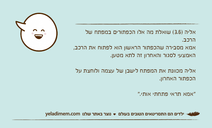 אליה )3.6( שואלת מה אלו הכפתורים במפתח של הרכב.אמא מסבירה שהכפתור הראשון הוא לפתוח את הרכב, האמצעי לסגור והאחרון זה לתא מטען.אליה מכוונת את המפתח לישבן של עצמה ולוחצת על הכפתור האחרון. "אמא תראי פתחתי אותי."