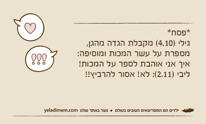 *פסח*גילי )4.10( מקבלת הגדה מהגן, מספרת על עשר המכות ומוסיפה: איך אני אוהבת לספר על המכות!ליבי )2.11(: לא! אסור להרביץ!!