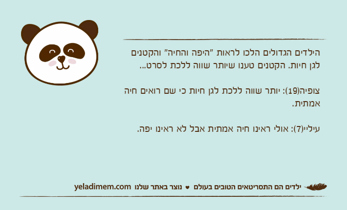 הילדים הגדולים הלכו לראות "היפה והחיה" והקטנים לגן חיות. הקטנים טענו שיותר שווה ללכת לסרט...צופיה)19(: יותר שווה ללכת לגן חיות כי שם רואים חיה אמתית.עיליי)7(: אולי ראינו חיה אמתית אבל לא ראינו יפה.