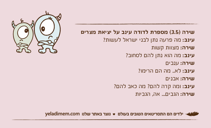 שירה )3.5( מספרת לדודה עינב על יציאת מצריםעינב: מה פרעה נתן לבני ישראל לעשות?שירה: מצוות קשותעינב: מה הוא נתן להם לסחוב? שירה: ענביםעינב: לא.. מה הם הרימו?שירה: אבניםעינב: ומה קרה להם? מה כאב להם?שירה: הגבים... אה, הגביות