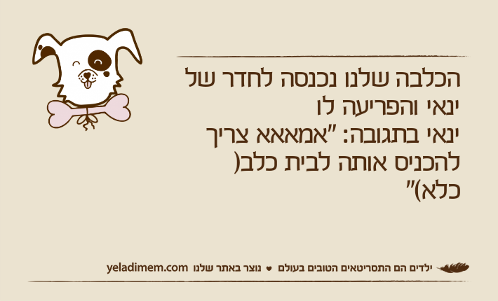 הכלבה שלנו נכנסה לחדר של ינאי והפריעה לוינאי בתגובה: "אמאאא צריך להכניס אותה לבית כלב) כלא("