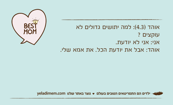 אוהד )4.3(: למה יתושים גדולים לא עוקצים ? אני: אני לא יודעת.אוהד: אבל את יודעת הכל. את אמא שלי.