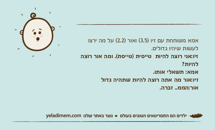אמא משוחחת עם זיו )3.5( ואור )2.2( על מה ירצו לעשות שיהיו גדולים.זיו:אני רוצה להיות  טייסית )טייסת(. ומה אור רוצה להיות?אמא: תשאלי אותו.זיו:אור מה אתה רוצה להיות שתהיה גדולאור:הממ.. זברה.