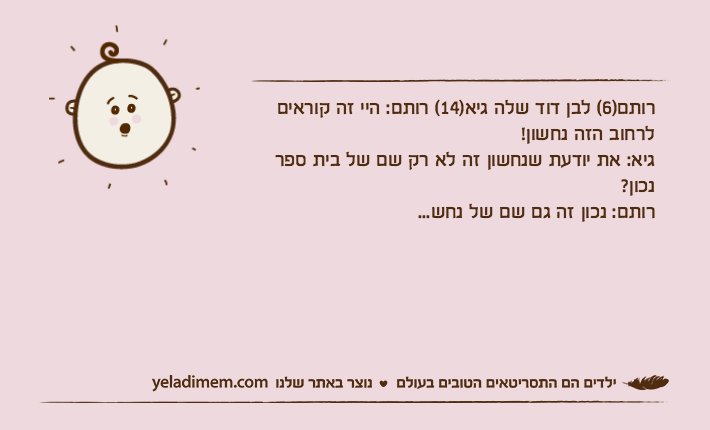 רותם)6( לבן דוד שלה גיא)14( רותם: היי זה קוראים לרחוב הזה נחשון! גיא: את יודעת שנחשון זה לא רק שם של בית ספר נכון? רותם: נכון זה גם שם של נחש...
