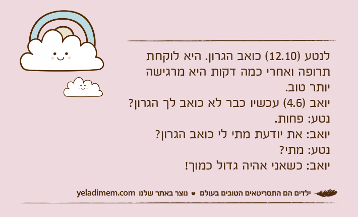 לנטע )12.10( כואב הגרון. היא לוקחת תרופה ואחרי כמה דקות היא מרגישה יותר טוב.יואב )4.6( עכשיו כבר לא כואב לך הגרון?נטע: פחות.יואב: את יודעת מתי לי כואב הגרון?נטע: מתי?יואב: כשאני אהיה גדול כמוך!