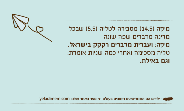 מיקה )14.5( מסבירה לטליה )5.5( שבכל מדינה מדברים שפה שונה מיקה: ועברית מדברים רקקק בישראל.טליה מסכימה ואחרי כמה שניות אומרת: וגם באילת.