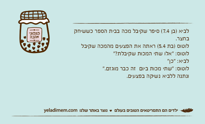 לביא )בן 7.4( סיפר שקיבל מכה בבית הספר כששיחק בחצר.לוטוס )בת 5.4( ראתה את הפצעים מהמכה שקיבללוטוס: "אלו שתי המכות שקיבלת?"לביא: "כן"לוטוס: "שתי מכות ביום  זה כבר מוגזם." ונתנה ללביא נשיקה בפצעים.