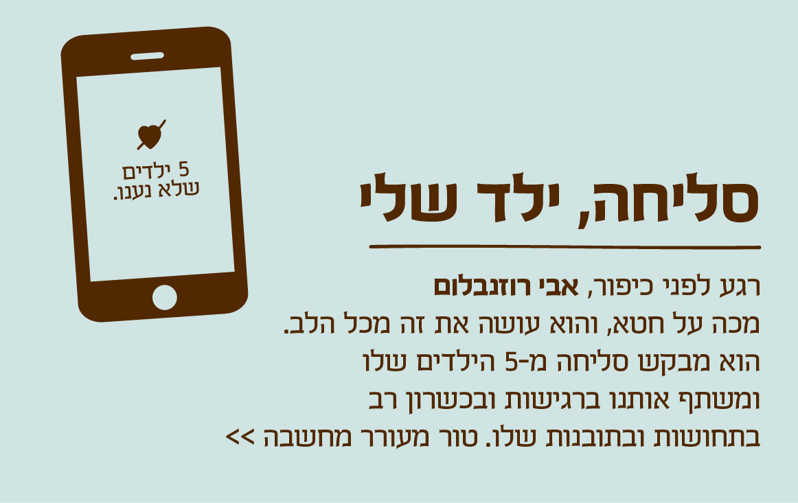 רגע לפני כיפור, אבי רוזנבלום מכה על חטא, והוא עושה את זה מכל הלב.הוא מבקש סליחה מ-5 הילדים שלו ומשתף אותנו ברגישות ובכשרון רבבתחושות ובתובנות שלו. טור מעורר מחשבה >>