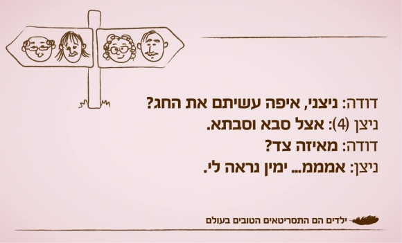 דודה: ניצני איפה עשיתם את החג?
ניצן (4): אצל סבא וסבתא.
דודה: מאיזה צד?
ניצן: אממממ... ימין נראה לי.