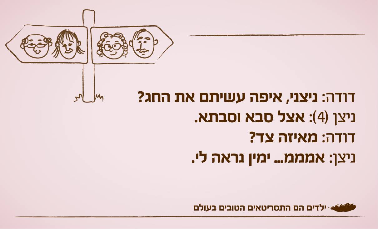 דודה: ניצני איפה עשיתם את החג?
ניצן (4): אצל סבא וסבתא.
דודה: מאיזה צד?
ניצן: אממממ... ימין נראה לי.