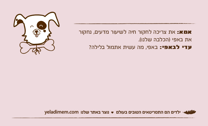 אמא: את צריכה לחקור חיה לשיעור מדעים, נחקור את באפי )הכלבה שלנו(.עדי לבאפי: באפי, מה עשית אתמול בלילה?