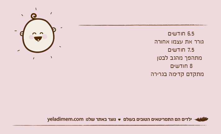 6.5 חודשיםגורר את עצמו אחורה     7.5 חודשים מתהפך מהגב לבטן      8 חודשיםמתקדם קדימה בגרירה
