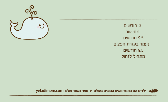 9 חודשים           מתיישב        9.5 חודשים    נעמד בעזרת חפצים        9.5 חודשים       מתחיל לזחול