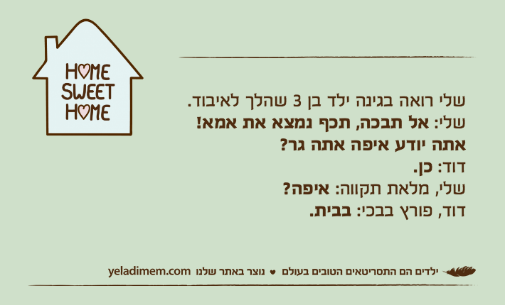 שלי רואה בגינה ילד בן 3 שהלך לאיבוד.שלי: אל תבכה, תכף נמצא את אמא! אתה יודע איפה אתה גר?דוד: כן.שלי, מלאת תקווה: איפה?דוד, פורץ בבכי: בבית.