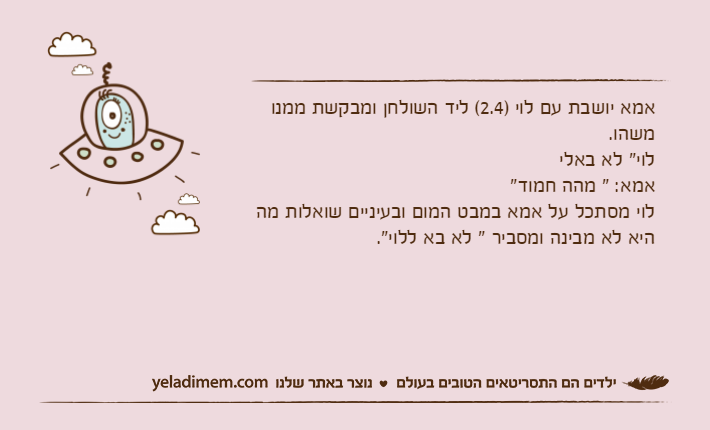 אמא יושבת עם לוי )2.4( ליד השולחן ומבקשת ממנו משהו.לוי" לא באלי אמא: " מהה חמוד"לוי מסתכל על אמא במבט המום ובעיניים שואלות מה היא לא מבינה ומסביר " לא בא ללוי".