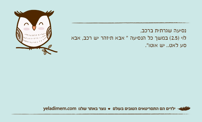 נסיעה שגרתית ברכב, לוי )2.5( במשך כל הנסיעה " אבא תיזהר יש רכב, אבא סע לאט.. יש אוטו".