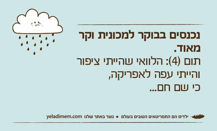 נכנסים בבוקר למכונית וקר מאוד.תום )4(: הלוואי שהייתי ציפור והייתי עפה לאפריקה,כי שם חם...