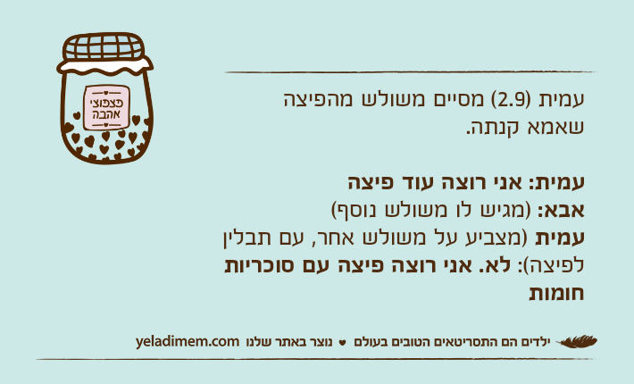 עמית )2.9( מסיים משולש מהפיצה שאמא קנתה.עמית: אני רוצה עוד פיצהאבא: )מגיש לו משולש נוסף(עמית )מצביע על משולש אחר, עם תבלין לפיצה(: לא. אני רוצה פיצה עם סוכריות חומות