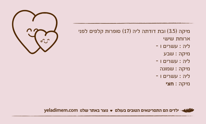 מיקה )3.5( ובת דודתה ליה )17( סופרות קלפים לפני ארוחת שישי ליה : עשרים ו - מיקה : שבעליה : עשרים ו - מיקה : שמונה ליה : עשרים ו - מיקה : חצי