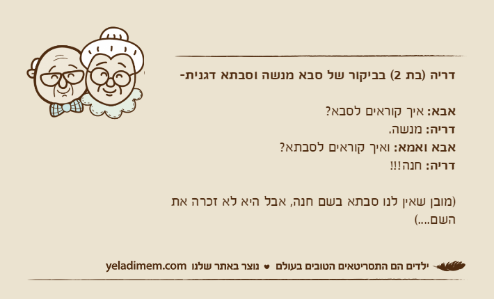 דריה )בת 2( בביקור של סבא מנשה וסבתא דגנית-אבא: איך קוראים לסבא?דריה: מנשה.אבא ואמא: ואיך קוראים לסבתא?דריה: חנה!!!)מובן שאין לנו סבתא בשם חנה, אבל היא לא זכרה את השם....(