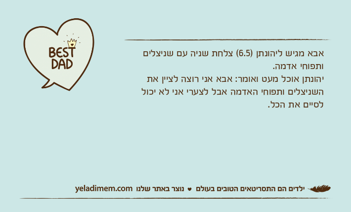 אבא מגיש ליהונתן )6.5( צלחת שניה עם שניצלים ותפוחי אדמה.יהונתן אוכל מעט ואומר: אבא אני רוצה לציין את השניצלים ותפוחי האדמה אבל לצערי אני לא יכול לסיים את הכל.