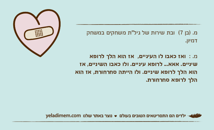 מ. )בן 7(  ובת שירות של גיל"ת משחקים במשחק דמיון. מ. :  ואז כאבו לו העיניים,  אז הוא הלך לרופא שיניים. אאא... לרופא עיניים. ולו כאבו השיניים, אז הוא הלך לרופא שיניים. ולו הייתה סחרחורת, אז הוא הלך לרופא סחרחורת.