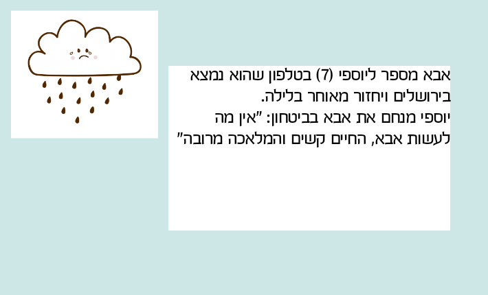 אבא מספר ליוספי )7( בטלפון שהוא נמצא בירושלים ויחזור מאוחר בלילה.יוספי מנחם את אבא בביטחון: "אין מה לעשות אבא, החיים קשים והמלאכה מרובה"