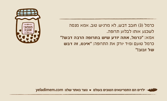 כרמל )3( חובב דבש, לא מרגיש טוב. אמא מנסה לשכנע אותו לבלוע תרופה.אמא: "כרמל, אתה יודע שיש בתרופה הרבה דבש?"כרמל טועם ומיד יורק את התרופה: "איכס, זה דבש של זבוב!"