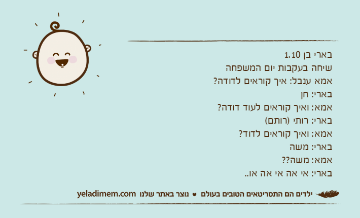 בארי בן 1.10שיחה בעקבות יום המשפחהאמא ענבל: איך קוראים לדודה?בארי: חןאמא: ואיך קוראים לעוד דודה?בארי: רותי )רותם(אמא: ואיך קוראים לדוד?בארי: משהאמא: משה??בארי: אי אה אי אה או..