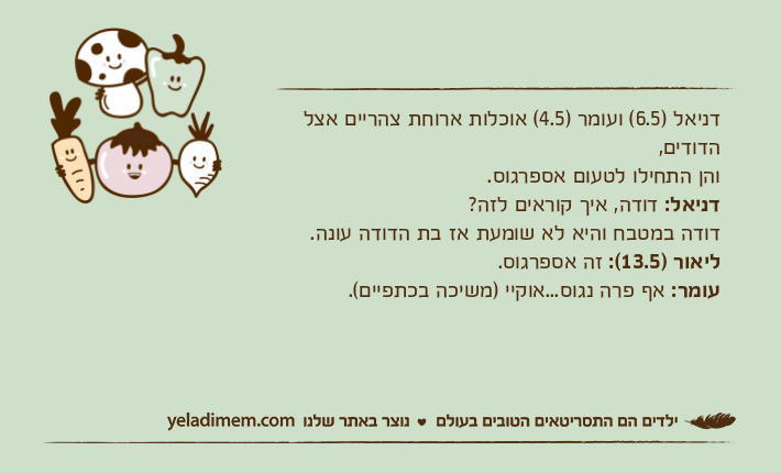 דניאל )6.5( ועומר )4.5( אוכלות ארוחת צהריים אצל הדודים,והן התחילו לטעום אספרגוס.דניאל: דודה, איך קוראים לזה?דודה במטבח והיא לא שומעת אז בת הדודה עונה.ליאור )13.5(: זה אספרגוס.עומר: אף פרה נגוס...אוקיי )משיכה בכתפיים(.