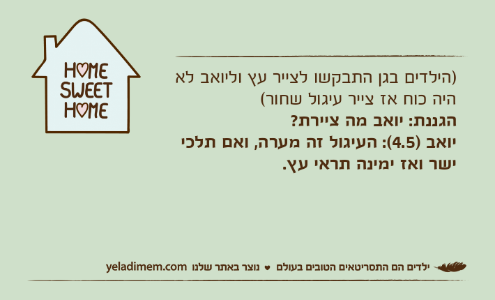 )הילדים בגן התבקשו לצייר עץ וליואב לא היה כוח אז צייר עיגול שחור(הגננת: יואב מה ציירת?יואב )4.5(: העיגול זה מערה, ואם תלכי ישר ואז ימינה תראי עץ.