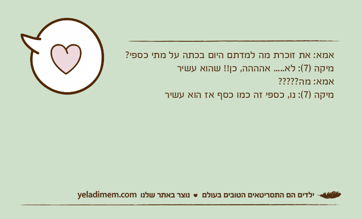 אמא: את זוכרת מה למדתם היום בכתה על מתי כספי? מיקה )7(: לא..... אהההה, כן!! שהוא עשיראמא: מה????? מיקה )7(: נו, כספי זה כמו כסף אז הוא עשיר