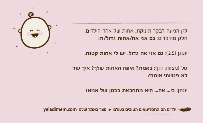 לגן הגיעה לבקר תינוקת, אחות של אחד הילדים.חלק מהילדים: גם אני אח/אחות גדול/ה!יונתן )2.5(: גם אני אח גדול. יש לי אחות קטנה.טל )מצוות הגן(: באמת? איפה האחות שלך? איך עוד לא פגשתי אותה?יונתן: כי... אה... היא מתחבאת בבטן של אמא!