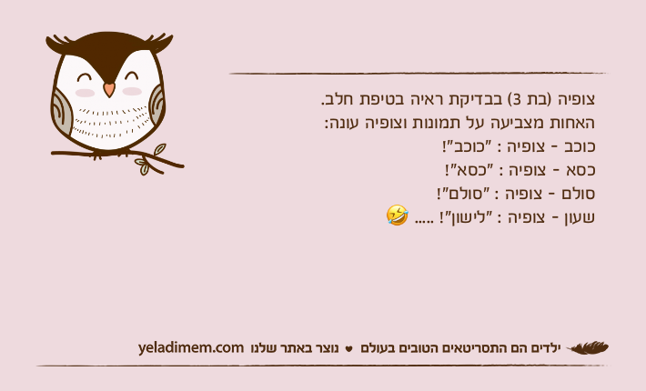 צופיה )בת 3( בבדיקת ראיה בטיפת חלב. האחות מצביעה על תמונות וצופיה עונה:כוכב - צופיה : "כוכב"!כסא - צופיה : "כסא"!סולם - צופיה : "סולם"!שעון - צופיה : "לישון"! ..... ?