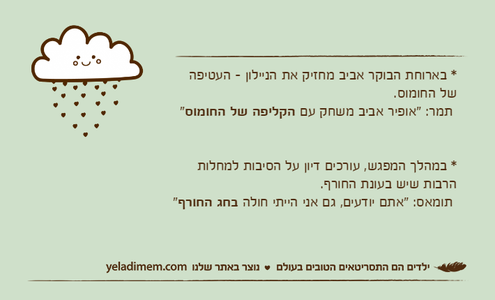 * בארוחת הבוקר אביב מחזיק את הניילון - העטיפה של החומוס. תמר: "אופיר אביב משחק עם הקליפה של החומוס"* במהלך המפגש, עורכים דיון על הסיבות למחלות הרבות שיש בעונת החורף.  תומאס: "אתם יודעים, גם אני הייתי חולה בחג החורף"