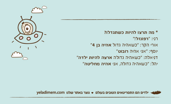 * מה תרצו להיות כשתגדלו?רני: "רפונזל"!אורי הקר: "כשאהיה גדול אהיה בן 4"יוסף: "אני אהיה רובוט"דניאלה: "כשאהיה גדולה ארצה להיות ילדה"יהל: "כשאהיה גדולה, אני אהיה מחליטה"