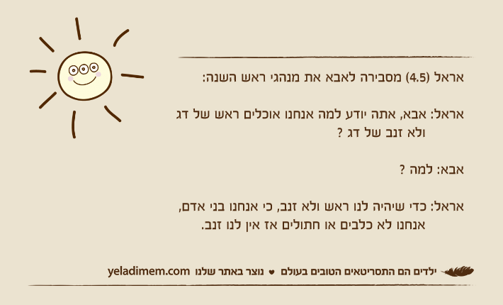 אראל )4.5( מסבירה לאבא את מנהגי ראש השנה:אראל: אבא, אתה יודע למה אנחנו אוכלים ראש של דג                    ולא זנב של דג ?אבא: למה ?אראל: כדי שיהיה לנו ראש ולא זנב, כי אנחנו בני אדם,          אנחנו לא כלבים או חתולים אז אין לנו זנב.