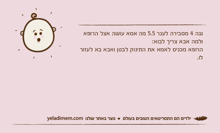 נגה 4 מסבירה לענר 5.5 מה אמא עושה אצל הרופא ולמה אבא צריך לבוא:הרופא מכניס לאמא את התינוק לבטן ואבא בא לעזור לו.