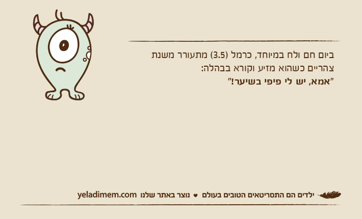 ביום חם ולח במיוחד, כרמל )3.5( מתעורר משנת צהריים כשהוא מזיע וקורא בבהלה:"אמא, יש לי פיפי בשיער!"