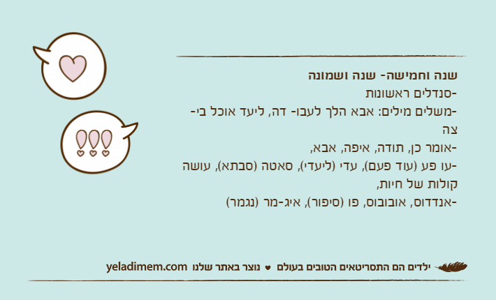 שנה וחמישה- שנה ושמונה-סנדלים ראשונות-משלים מילים: אבא הלך לעבו- דה, ליעד אוכל בי- צה-אומר כן, תודה, איפה, אבא, -עו פע )עוד פעם(, עדי )ליעדי(, סאטה )סבתא(, עושה קולות של חיות, -אנדדוס, אובובוס, פו )סיפור(, איג-מר )נגמר(