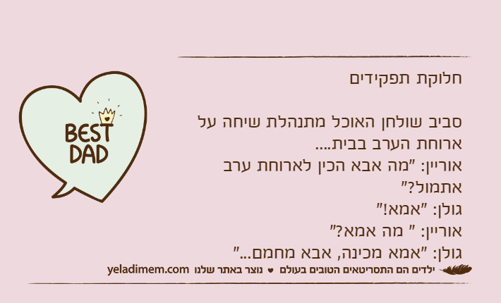 חלוקת תפקידיםסביב שולחן האוכל מתנהלת שיחה על ארוחת הערב בבית....אוריין: "מה אבא הכין לארוחת ערב אתמול?"גולן: "אמא!"אוריין: " מה אמא?"גולן: "אמא מכינה, אבא מחמם..."