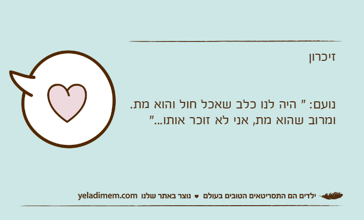 זיכרוןנועם: " היה לנו כלב שאכל חול והוא מת.ומרוב שהוא מת, אני לא זוכר אותו..."