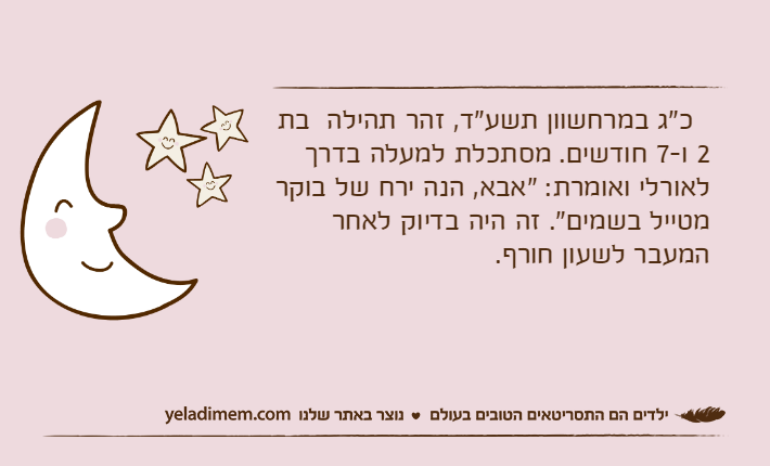 &nbsp; כ"ג במרחשוון תשע"ד, זהר תהילה&nbsp; בת 2 ו-7 חודשים. מסתכלת למעלה בדרך לאורלי ואומרת: "אבא, הנה ירח של בוקר מטייל בשמים". זה היה בדיוק לאחר המעבר לשעון חורף.