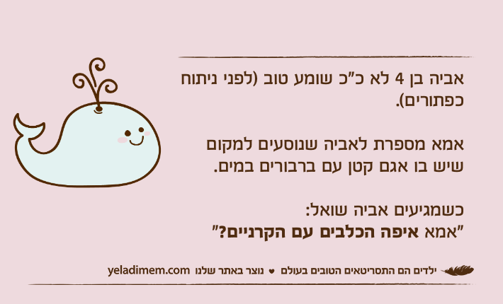 אביה בן 4 לא כ"כ שומע טוב )לפני ניתוח כפתורים(.אמא מספרת לאביה שנוסעים למקום שיש בו אגם קטן עם ברבורים במים.כשמגיעים אביה שואל: "אמא איפה הכלבים עם הקרניים?"