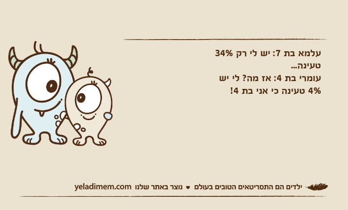 עלמא בת 7: יש לי רק 34% טעינה...עומרי בת 4: אז מה? לי יש 4% טעינה כי אני בת 4!