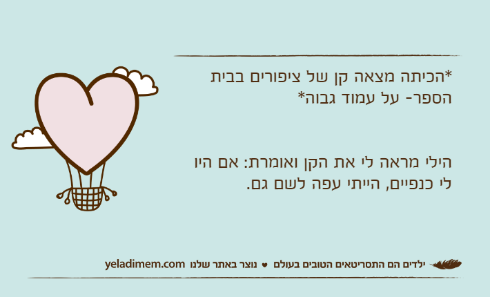 *הכיתה מצאה קן של ציפורים בבית הספר- על עמוד גבוה*הילי מראה לי את הקן ואומרת: אם היו לי כנפיים, הייתי עפה לשם גם.